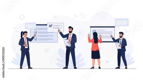 Business team planning and presenting ideas with checklist and whiteboard