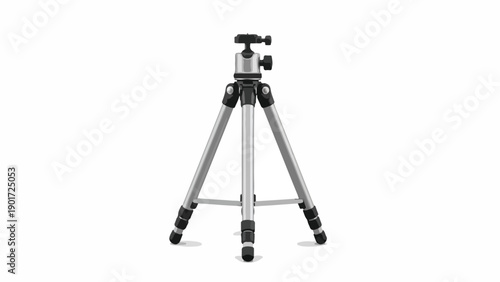 A silver and black tripod stands on a white background
