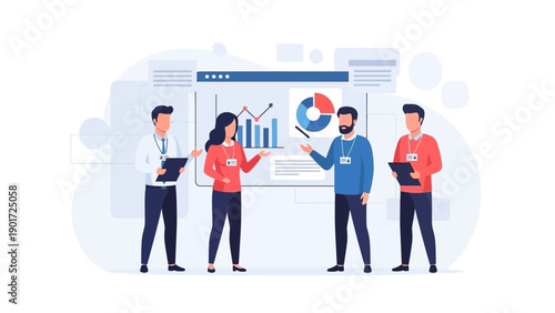 Business team presenting statistics and charts on a screen, modern flat illustration