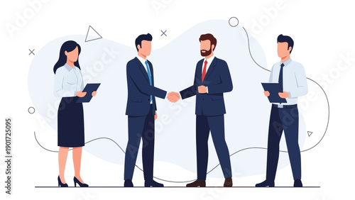 Businessmen shaking hands, completing deal, teamwork, partnership, illustration