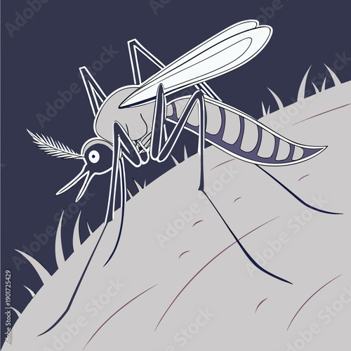 Mosquito hovering near skin in attack mode with striped body and outstretched wings