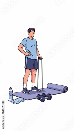 A man stands on a workout mat