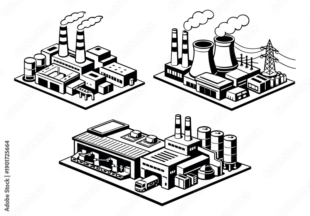 Obraz premium Isometric line art industrial factory set featuring various production and energy generation facilities for business and infrastructure projects