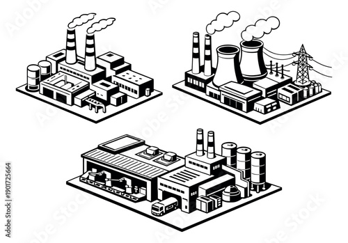 Isometric line art industrial factory set featuring various production and energy generation facilities for business and infrastructure projects