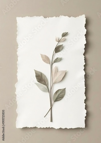 Minimal Botanical Branch on Torn Paper — Neutral Nature Still Life