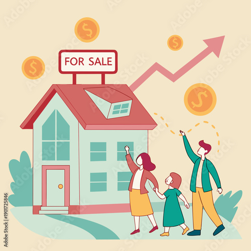 Family walking towards house for sale with financial growth