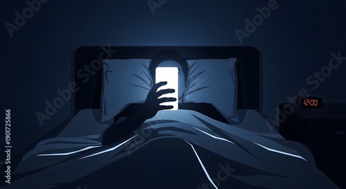 Digital Vigil: A person lies awake in bed, illuminated by the cold glow of a phone screen in the darkness, underscoring modern struggles with technology addiction and sleep disruption.