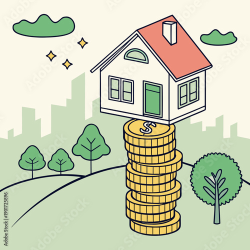 House on stack of coins with cityscape and trees money
