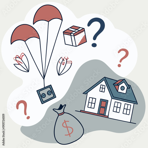 House with parachute money bag and question marks uncertainty