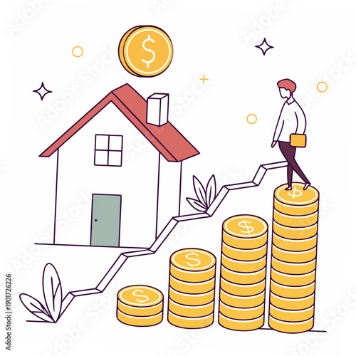 Property wealth growth concept with ascending coin stacks and house 1