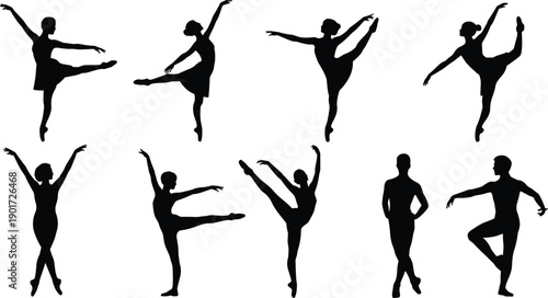Ballet dancer silhouettes collection showing graceful poses, classical dance movements, artistic female and male figures isolated on white background