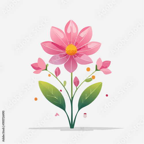 Pink flower with green leaves and buds
