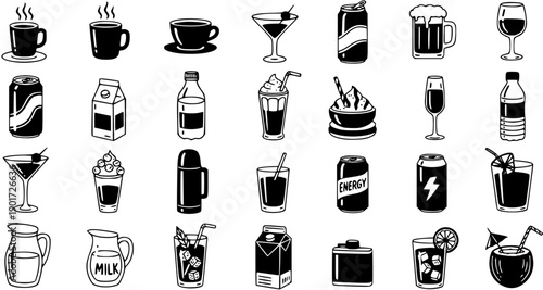 Black and White Line Art Icons of Various Drinks and Beverages for Food and Drink Industry