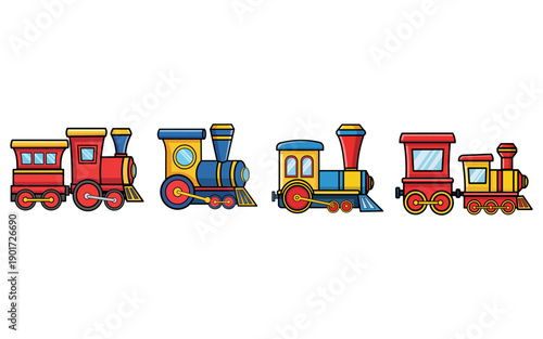 Bild auf Leinwand Cartoon Steam Train Set Collection Isolated on White Background
