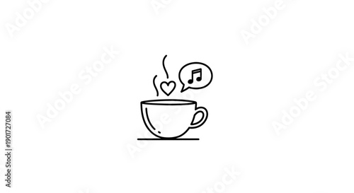 Steaming Coffee Cup with Heart and Music Note Icons Representing Relaxed Morning Mood on Isolated White Background