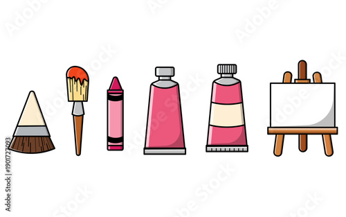 Creative Art Supplies Icon Set Illustration Paintbrush Easel and Tubes