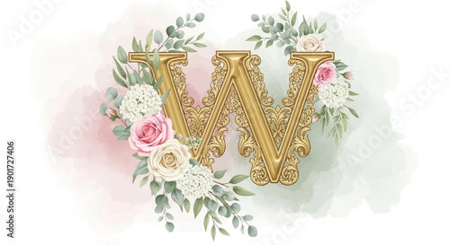 Luxurious Golden Ornate Capital Letter W with Romantic Floral Wreath on Soft Watercolor Background.