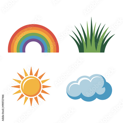 Spring festival elements, rainbow arc, warm sun, fluffy cloud, fresh grass patch, seasonal fair signage, nature walk session vector