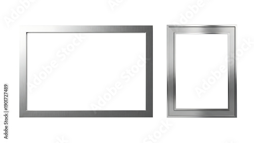 Silver Metallic Picture Frame Set PNG with Transparent Background – Modern Horizontal and Vertical Photo Frame Mockup Template
