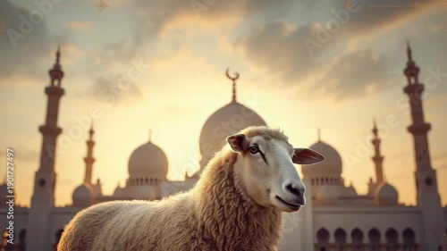 Sheep and Mosque at Dawn Celebrating Happy Eid Adha