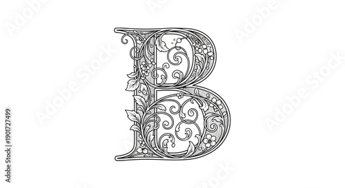 Elegant Ornate Capital Letter B with Floral and Scrollwork Decoration, Isolated White Background.