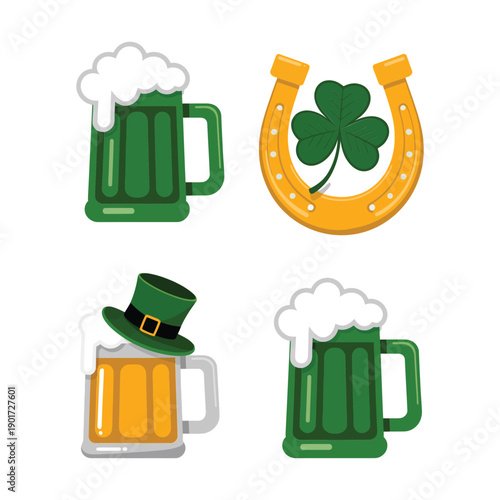 Beer mugs with foam, golden horseshoe and clover icons, Saint Patricks Day pub party vector for bar menu graphics