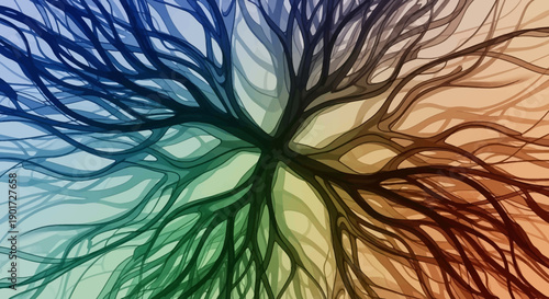 Intricate Abstract Tree Root Network Illustration, Growth and Connection Concept, in bright studio