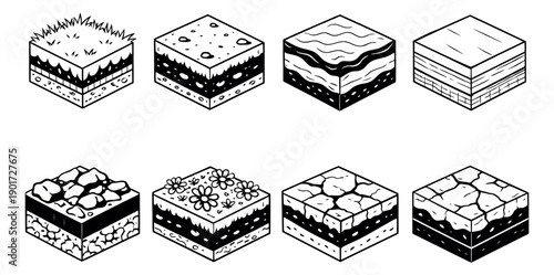 Line art isometric ground layers set featuring different land and soil types for game and map design