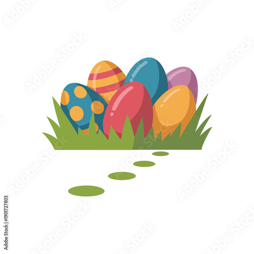 Colorful easter eggs in grass with bunny footprints, holiday vector for treasure hunt poster, kids party invitation, greeting card design