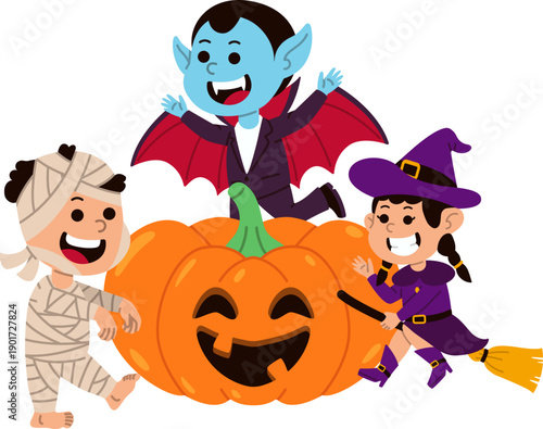 Kids in Halloween Costumes with Pumpkin Decoration