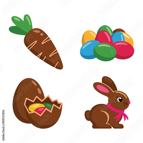 Cracked chocolate egg, carrot and cute brown bunny with bow, colorful eggs vector for easter basket label, party invitation design
