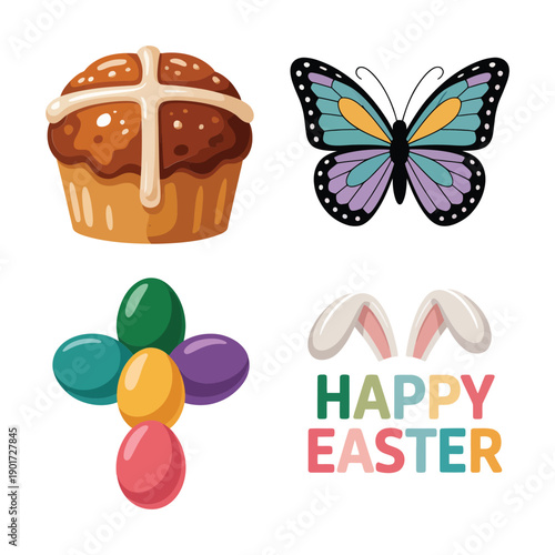 Easter cake and butterfly with egg flower badge and happy easter text, holiday vector for party flyer, greeting card design