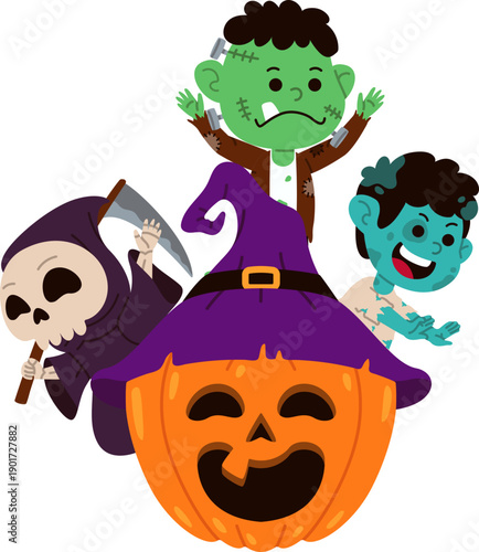 Kids in Halloween Costumes with Pumpkin Decoration