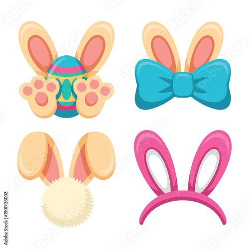 Easter costume props set, bunny ears headbands and bows, photo booth kit, kids parade lineup, craft session table signage graphics