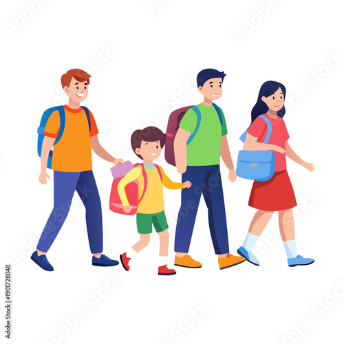 Students go school. Little pupils, boys and girls go to school with parent, kids education, happy children, backpacks, schoolbag with books, cartoon flat isolated garish vector concept
