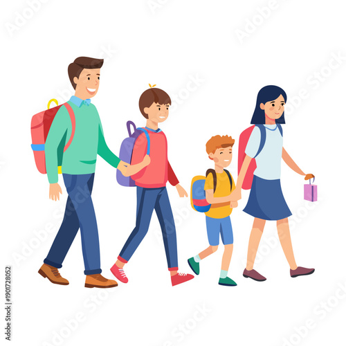 Students go school. Little pupils, boys and girls go to school with parent, kids education, happy children, backpacks, schoolbag with books, cartoon flat isolated garish vector concept
