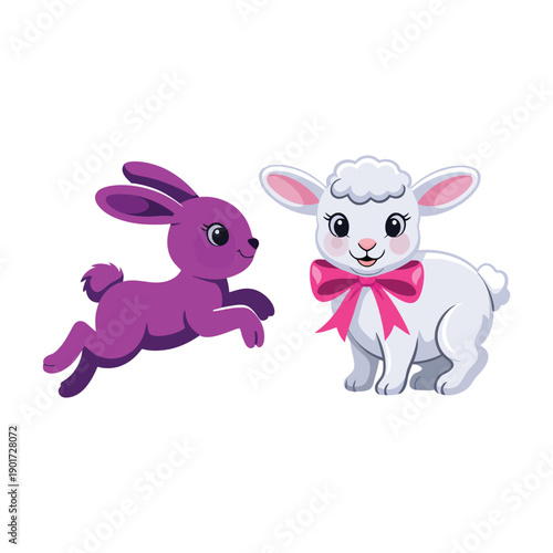 Bunny and lamb friends illustration for Easter parade branding, egg hunt maps, preschool workbook pages, fair signage, family celebration graphics