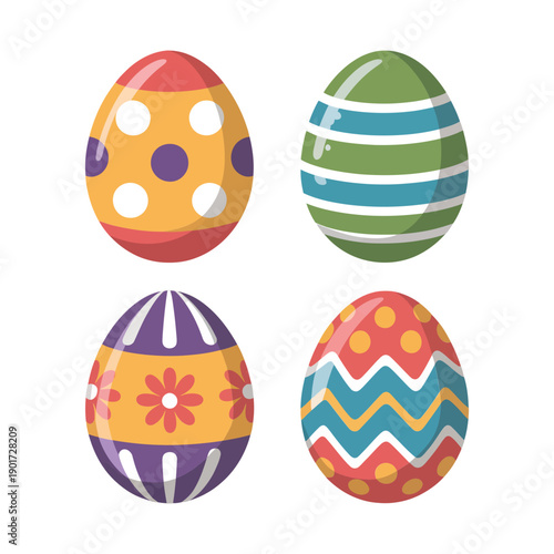 Four decorated eggs vector icons with bold stripes and motifs, Easter graphics for invitation design, social media, seasonal greeting cards