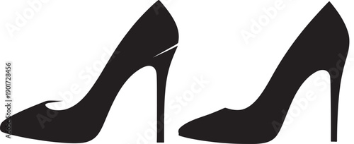 Two black high heeled shoes are depicted in a simple graphic silhouette style