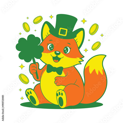 Leprechaun fox with shamrock and flying coins, St Patricks Day mascot, kids party sticker, parade craft session, festive vector