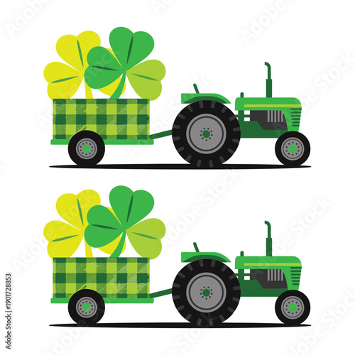 Green tractors with trailers full of shamrocks, Saint Patrick day parade float graphic, farming celebration badge, Irish country fair design