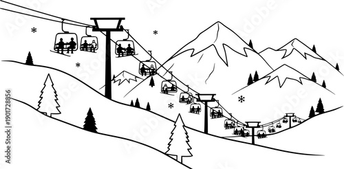 Scenic mountain ski lift transporting passengers up snowy slopes for winter recreation travel vector
