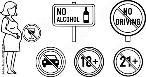 Prohibited actions warning signs pregnancy alcohol driving age restrictions 18 plus 21 vector
