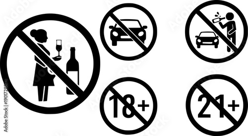 Prohibited actions warning signs pregnancy alcohol driving age restrictions 18 plus 21 vector
