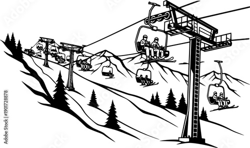 Scenic mountain ski lift transporting passengers up snowy slopes for winter recreation travel vector
