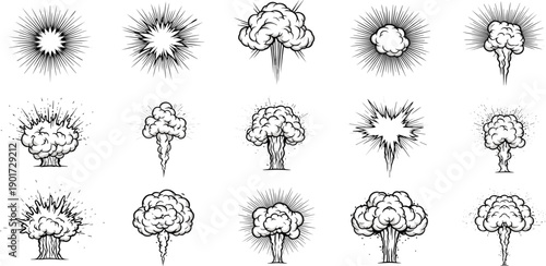 Explosion illustrations depicting various stages of detonation in a sequential comic style