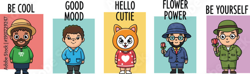 Diverse cartoon characters expressing various emotions and actions against colorful backgrounds from a straightforward viewpoint