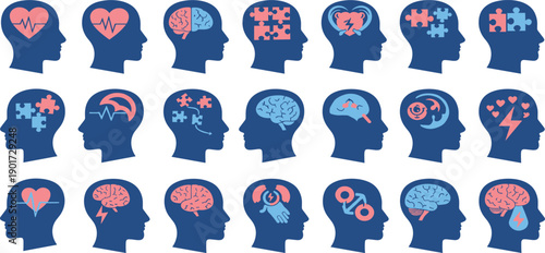 Human heads with brain icons representing various emotions and thoughts in a grid pattern from a straightforward view