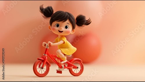 Child riding bicycle with red details on a colorful background