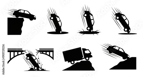 Car accident icons showing different crash scenarios and dangers.